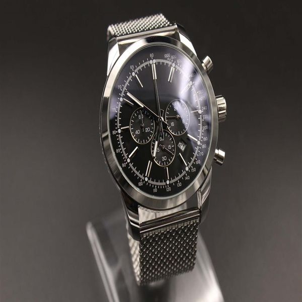 PC Man Quartz Watch Stainless Steel Black Dial Silver Case 1884 Função multi 46mm253r de seis pinos