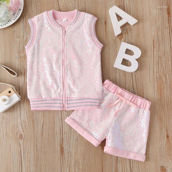 Одежда устанавливает маленькие девочки одежда для девочек-малыша, набор летних рукавов с двумя частями рубашки на молнии розовые блестки, детские
