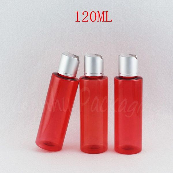 Bottiglie di stoccaggio 120ML Bottiglia di plastica a spalla piatta rossa Tappo superiore a disco 120CC Shampoo / lozione Confezione Contenitore cosmetico vuoto