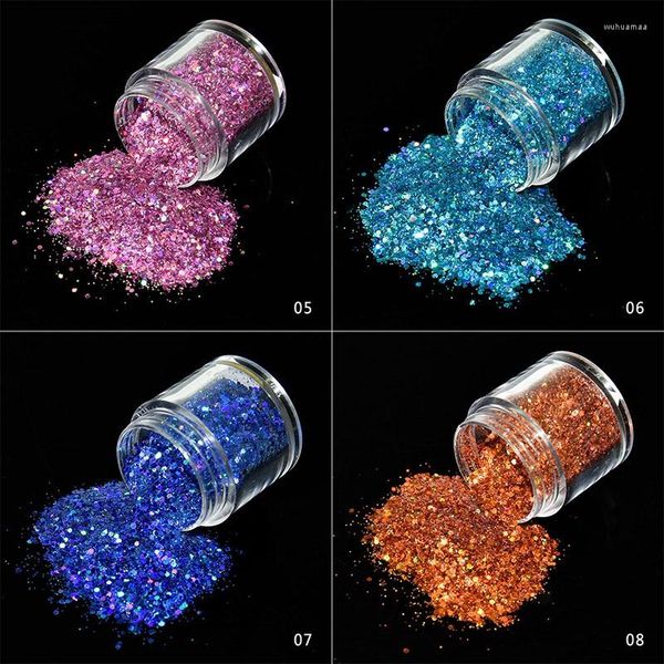 Glitter da unha 1Box 10ml lantejoulas holográficas de flago 12 cores misturadas misturadas hologramas coloridas em pó de pó 10g