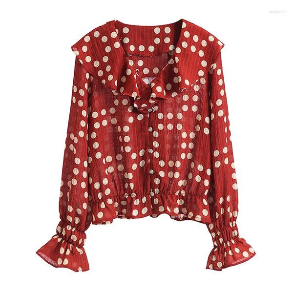 Damenblusen PERHAPS U Frauen Rot Beige Langarm Umlegekragen Hemdbluse Polka Dot Chiffon Rüschen Frühling B0488