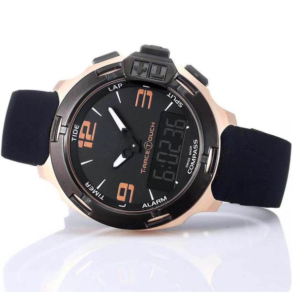 T toque de corrida T081 Screen alt￭metro Compass cron￳grafo Quartz Black Rubber Strap Implanting Clop Gold Men Watch Wristwatches Watc301y