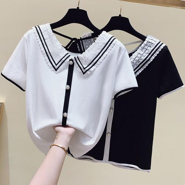 Camisetas femininas Han Edition Soly Short Doll trouxe Summer Wear Collar White Gola V Choli Algodão Feminina Pequena Vestuário Superior Unida