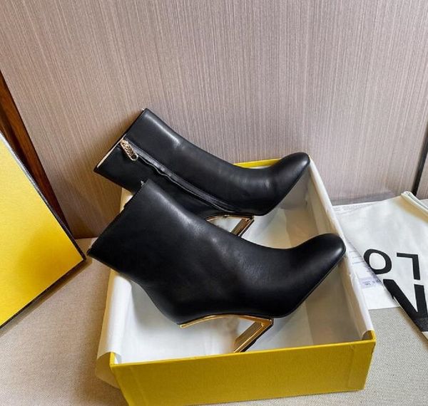 Designer de luxo de inverno primeiro tornozelo botas mulheres nappa couro dedo do pé redondo interior lado zíper cabeça ouro diagonal f forma salto estéreo elegante perfilado com caixa nova