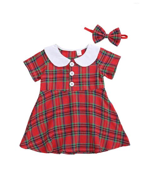 Mädchen Kleider Kleinkind Baby Mädchen Plaid Print Kleidung Set Kurzarm Revers Hals Vorne Knopf Kleid Bogen-knoten Stirnband für Sommer 0-2T