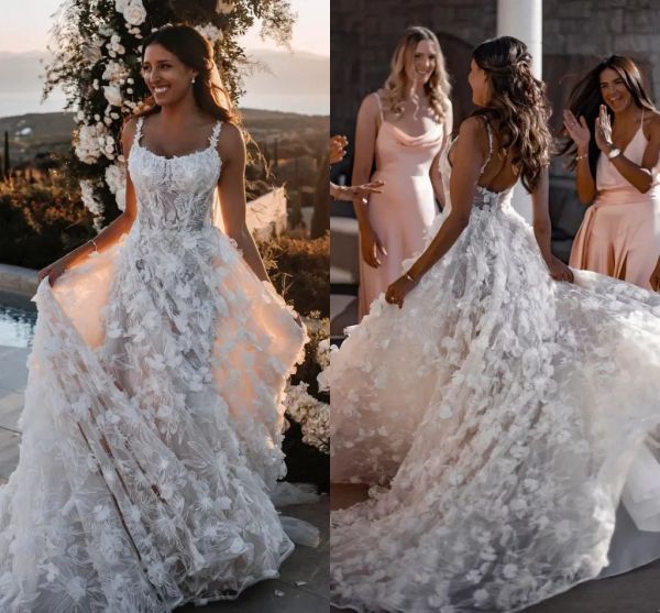 Pizzo romantico una linea abiti da sposa per estivi da giardino spiaggia boho da sposa abiti da sposa sexy spalline di spaghetti Robe senza schienale De BC14812