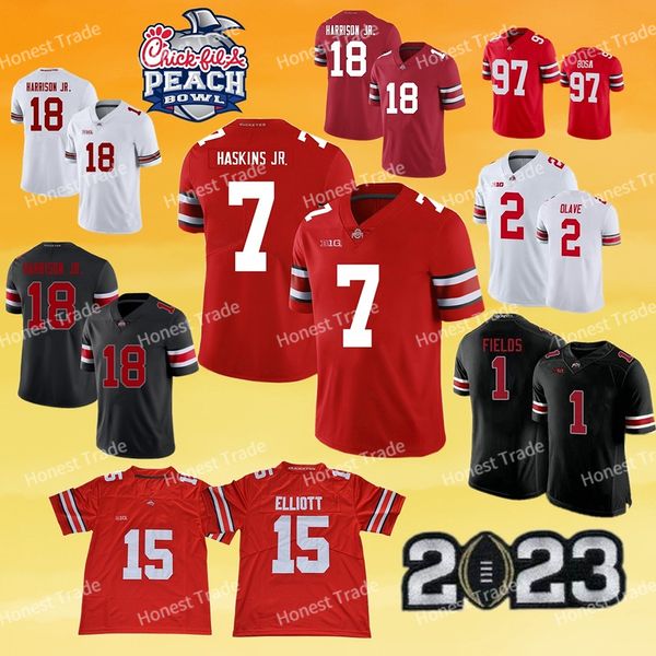 Camisa de futebol Peach Bowl Ohio State Buckeyes 2023 Teradja Mitchell Harrison Jr. Fleming Smith-Njigba 7 Stroud 97 Bosa Elliott Young Henderson Williams Red White