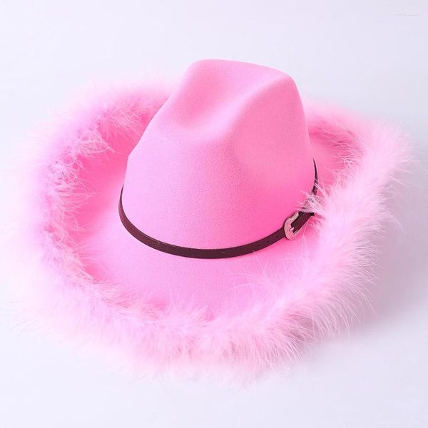 Berretti Puloru Fluffy Feather Trim Cappello da cowboy per le donne Soft Wide Brim Belted Large Cap Western Girls Party Fedora Caps Carnival Cosplay