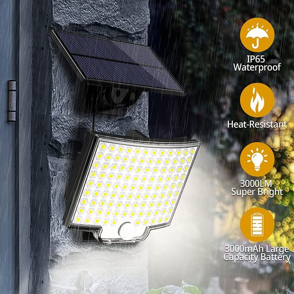 Proiettori solari da esterno 106 LED Lampada da parete da giardino a forte potenza IP65 Sensore di movimento PIR impermeabile Modalità luce Grandi luci solari luminose