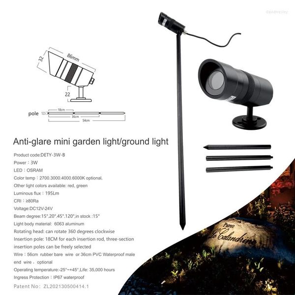 Spottle de LED externo ajustável 12V 24V 3W IP67 Exterior Highllight Landscape Pathway Spot Light Light Lawn Lamp