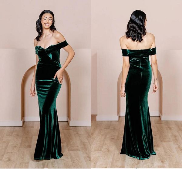 Hunter Green Mermaid Abiti da damigella d'onore Plus Size Off spalla Pieghe Velluto Lunghezza del pavimento Abiti da damigella d'onore Abiti da cerimonia per invitati al matrimonio Custom Made