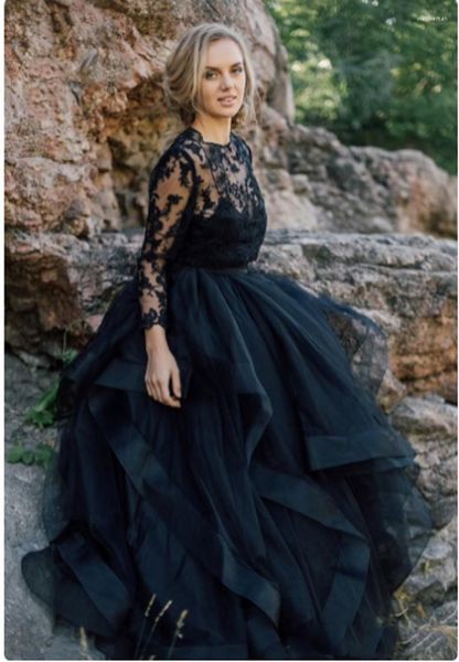 Abiti da festa Onde da sera in pizzo nero Fidanzamento in crine di cavallo Top in tulle Abito lungo da ballo lungo bohémien