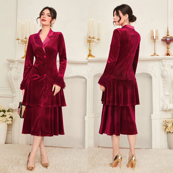 Burgundy Velvet Kadın Elbise Takımları V Boyun Akşam Partisi Ladies Smokin Düğün için İki Parça Ceket ve Etek