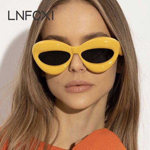 Lnfcxi Retro Cat Eye Sunglasses Женские модные бренд дизайнер бренд овальный линз синий цвет конфеты оттенки UV400 Мужчины солнцезащитные очки 1219