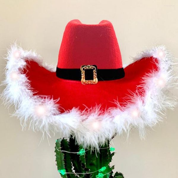 Chapéus de cowboy de natal de boinas lideram veludo vermelho luminoso e penas brancas chapéu de santa feminino meninas cosplay tiara ano decoração