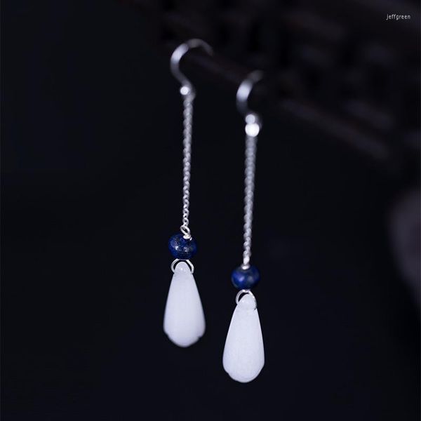 Orecchini pendenti in vero argento sterling S925 fiore di magnolia giada goccia lunga per le donne Cina gioielli da cena per feste in stile vintage da donna