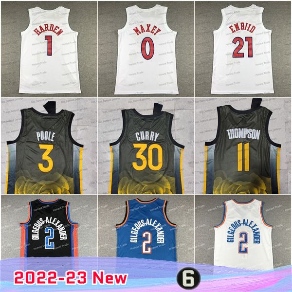 2022 23 New Curry Basketball Jersey Poole 11 Klay Thompson Joel 21 James Harden Tyrese Maxey 2 Shai Gilgeous-Alexander Stitched Green Men Basketball Stitched White