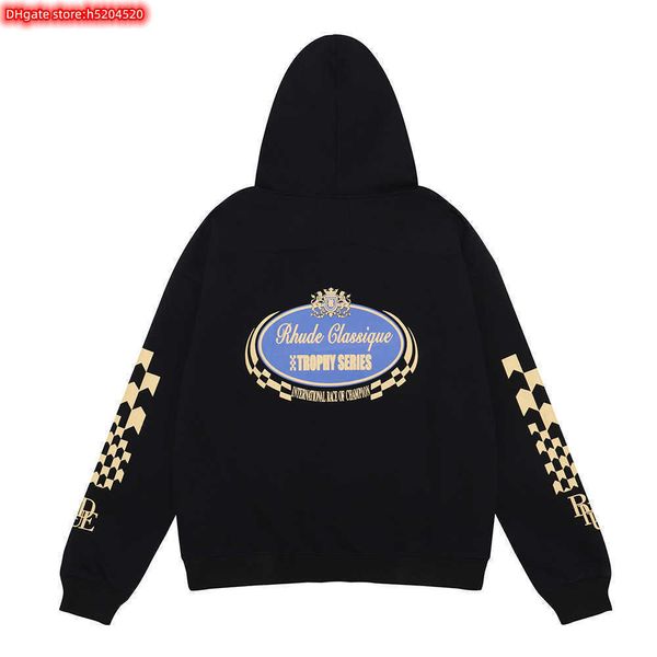 VJ7T Erkekler Hoodie Crewneck Sweatshirt 2023 Yeni Moda Markası Rhude American Trophy Serisi Kylin Arm Baskı Yüksek Pamuklu Terry Erkekler