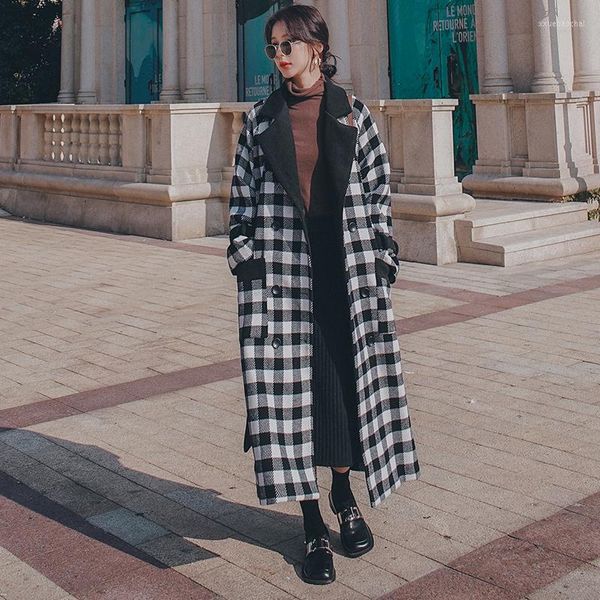 Cappotto Invernale da Donna in Lana da Donna Sciolto Lungo Risvolto Nero Bianco Plaid Giuntura Giacca di Lana Femminile Doppio Petto Moda Signore Calde