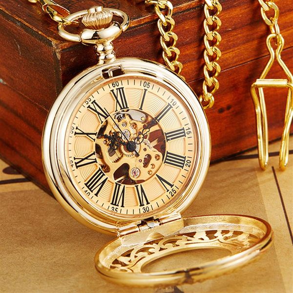 Orologio da taschino meccanico in oro antico con catena Steampunk Skeleton Hollow Orologio a sospensione a carica manuale Uomo Donna Bronzo dorato Gift235N