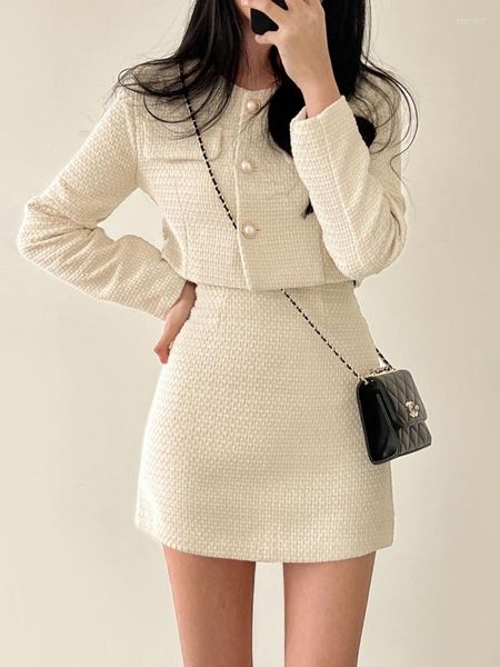 Vestidos de trabalho outono inverno jaquetas de tweed de peito único casaco cintura alta mini saia duas peças roupas de lã elegante luxo terno de escritório