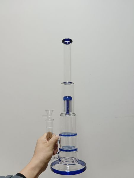 Bonganchas de bong de vidro azul com duplo favo de mel filtros de árvore braço Perc Reciclador de água Bubbler de tubo