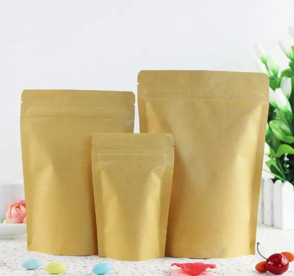 Stand-Up Kraft Paper Zipper Lock Bag Self self Seal Foil de alumínio Mylar Doypack Zipper bolsas bolsas de armazenamento de lanches de comida de comida 100pcs/lote