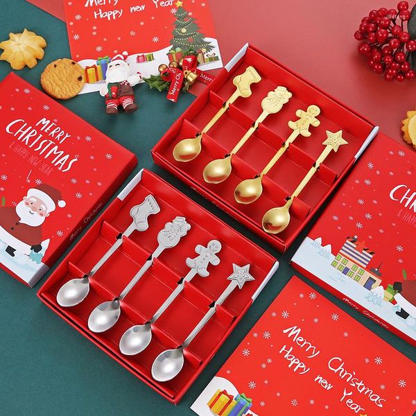 Set di stoviglie 4/3/1pcs Cucchiaio di Natale Set forchetta Posate regalo Pupazzo di neve Calzino Dessert Frutta Caffè Acciaio inossidabile