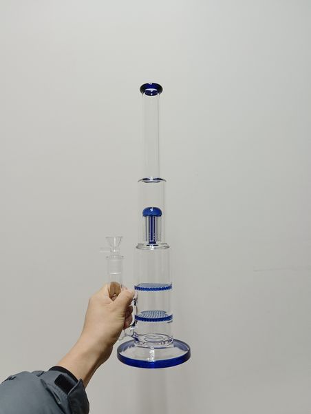 Blaue Glasbong-Wasserpfeifen, gerades Rohr, Wabenstruktur, Perc, DAB-Rig, Wasserrecycler, Bubbler, Rauchpfeife