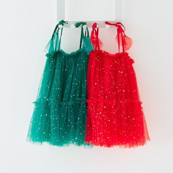 Novo adorável garotas garotas vestidos de verão suspenso malha lua de design de design de estrela vestido lindo garotas roupas