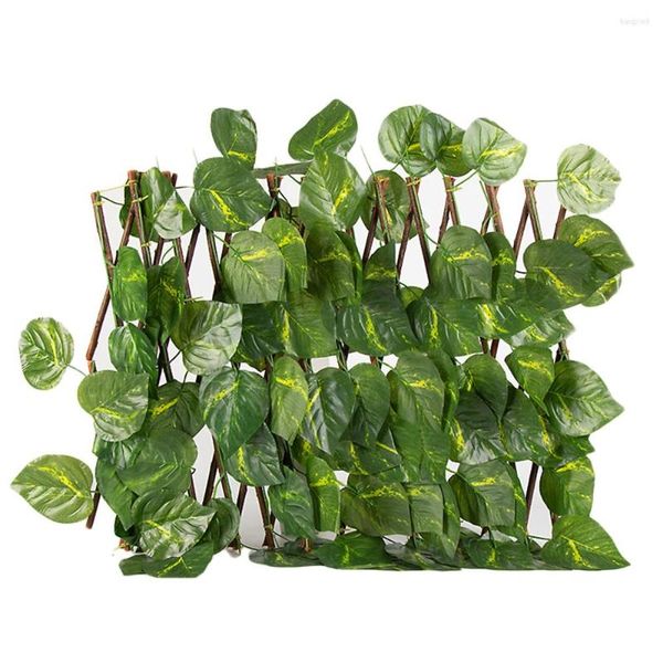 Dekorativer Blumen-Holzzaun mit Drahtseil-Vorhanggurten, künstliches Blattgitter, erweiterbare Kunststoffblätter, Dekor, 40 cm, Gartenabschirmung