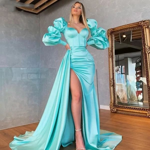 Hellblaue Split-Abendkleider Sexy Saudi-arabische Satin-Meerjungfrau-Partei-Abschlussball-Kleider Dichter Puffy Long Sleeves Anlass Frauen Vestidos