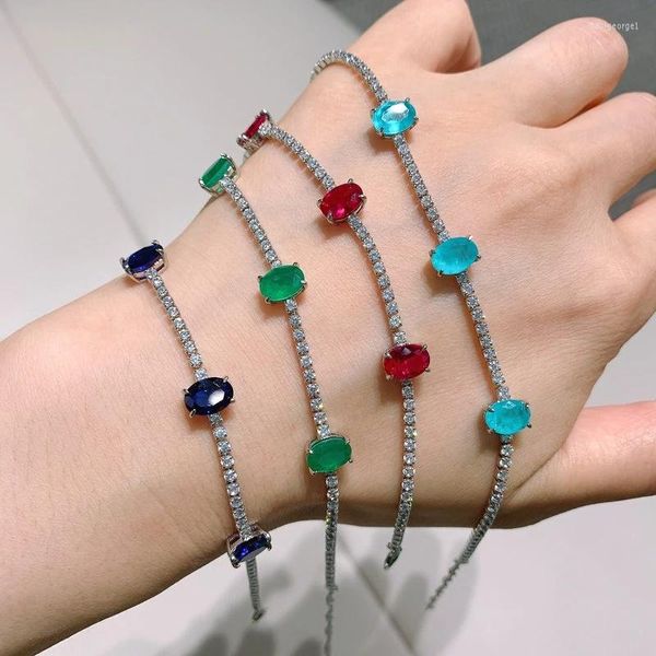 Braccialetti con ciondoli EYIKA Trendy Argento Colore 3 Ovale Paraiba Tormalina Creato Rubino Smeraldo Zaffiro Zircone Bracciale tennis per le donne Belle