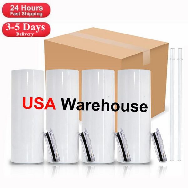 US Local Warehouse 20-Unzen-Sublimationsbecher, gerade Rohlinge, weiß, vakuumisolierter, konischer, schlanker DIY-Becher aus 304-Edelstahl, Auto-Kaffeebecher mit Strohhalmdeckel, tt1220