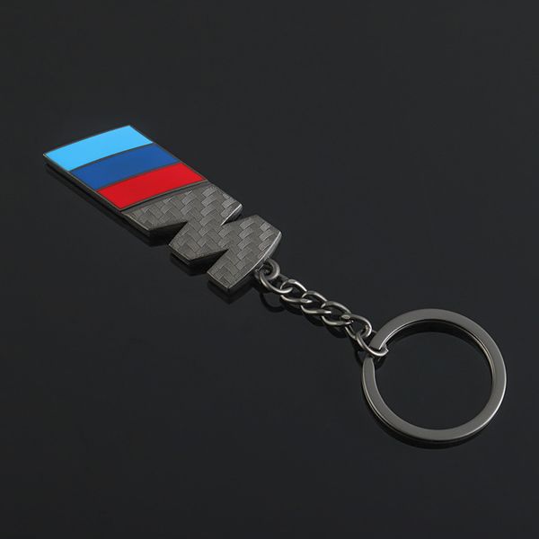 M Tricolor Sports Logo Keychain Car Recuitar carro Metal Key Ring Chain Link pendente Padrão de fibra de carbono