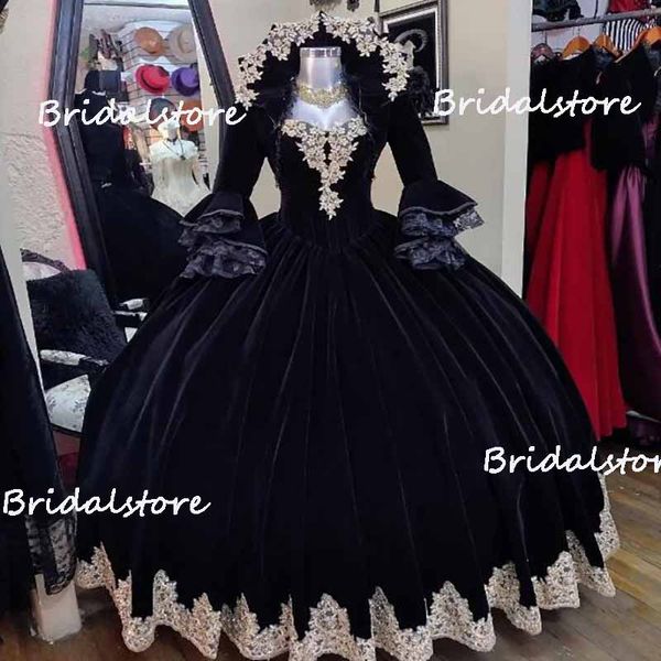 Schwarzes Samt-viktorianisches Gothic-Hochzeitskleid 2023 mit Jacke, Puffärmel, arabische Goldspitze, Kirchen-Damenkleid, keltisches griechisches Braut-Partykleid, ausgestelltes Vintage-Brautkleid