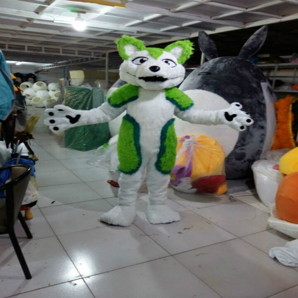 Halloween Long Fur Green Husky Dog Wolf Fox Mascot Costume Fursuit Snove