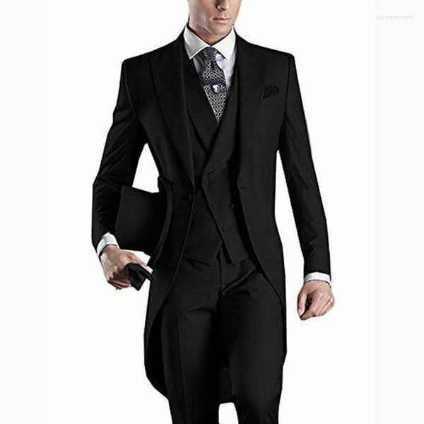 Ternos masculinos Vintage Black Tailcoat Jacket Long Morning Party Men traje Mariage Homme 3 peças Slim Fit Terno Masculino Groom Tuxedos