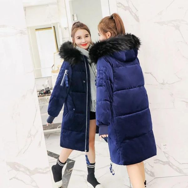 Trench da donna 2022 Piumino invernale in velluto dorato per donna con cappuccio in pelliccia sintetica caldo addensato in cotone femminile lungo piumino sciolto