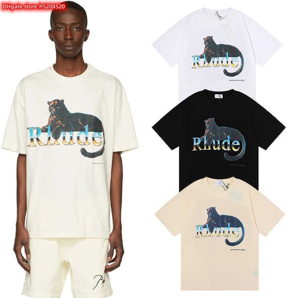 A0O1 Men's Tamp Shery 2023 Nova marca de moda Rhude Summer Los Angeles Niche Dress Panther Print Large Logo Short Short Manga