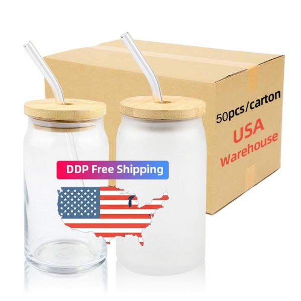 US Warehouse 16-Unzen-Becher, Sublimationsglas-Bierkrüge mit Bambusdeckel, Strohhalm, DIY-Rohlinge, gefrostet, durchsichtig, Dosenform, Becher, Wärmeübertragung, Cocktail, tt1220