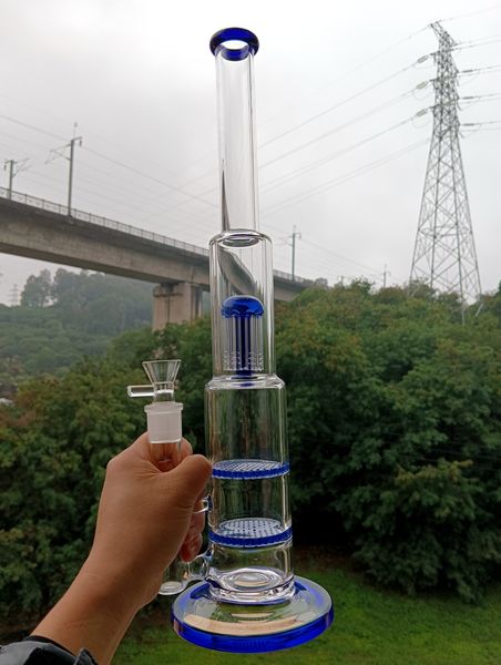 Blaue Wasserbong-Wasserpfeifen aus Glas mit doppeltem Wabenarm, Baum-Perc-Dab-Rigs-Recycler-Bubbler