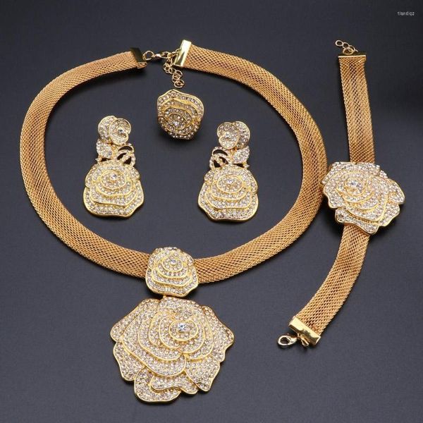 Collana Orecchini Set Oro italiano Argento Colore Fiore Orecchini di cristallo Bracciale Anello Gioielli Sposa africana Per le donne Matrimonio