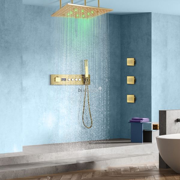 Luxuriöses Badezimmer mit gebürstetem Gold, LED-Duschkopf, Regenzerstäubung, SPA-Thermostat-Duschset