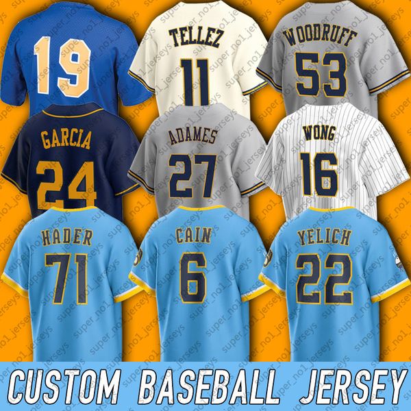 Camisa de beisebol Milwaukee 22 Christian Yelich Brew Corbin Burnes Willy Adames Rowdy Tellez Luis Urias Jerseys Owen Miller Brandon Woodruff Tyrone Taylor Peterson