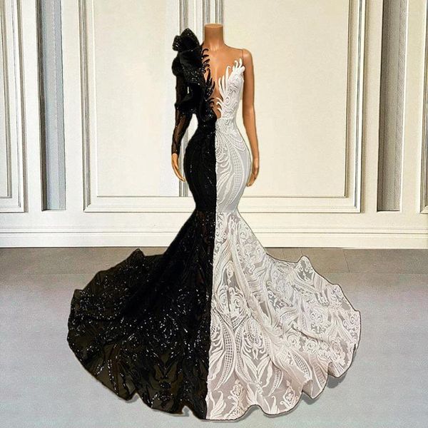 Платья для вечеринок белая и черная русалка 2022 для девочек Sparkly Secriet с длинными рукавами reufflues Африканское формальное вечернее гала -платье