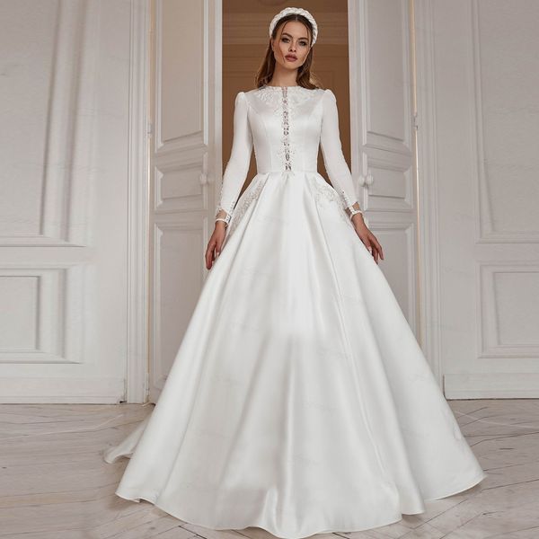 Elegante islâmico a linha vestidos para noiva botão voltar cetim muçulmano vestido de casamento 2023 árabe dubai igreja vestidos de novia 326 326