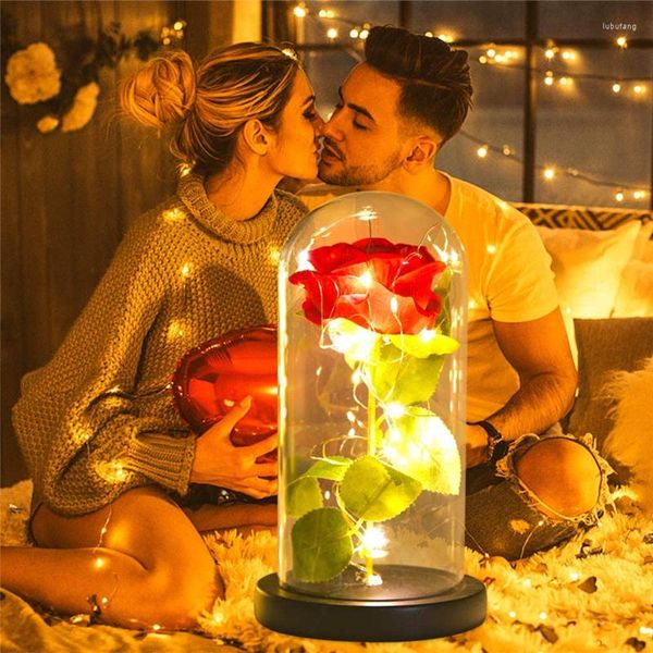 Flores decorativas Tampa de vidro de flores eternas com lâmpada LED Rose Gold Gold Foil
