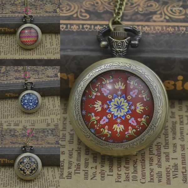 Pocket Watches Wholesale Fashion Flower Flower Antique Quartz Relógio Colar Woman FOB Bronze Round Travex Lens Glass Picture