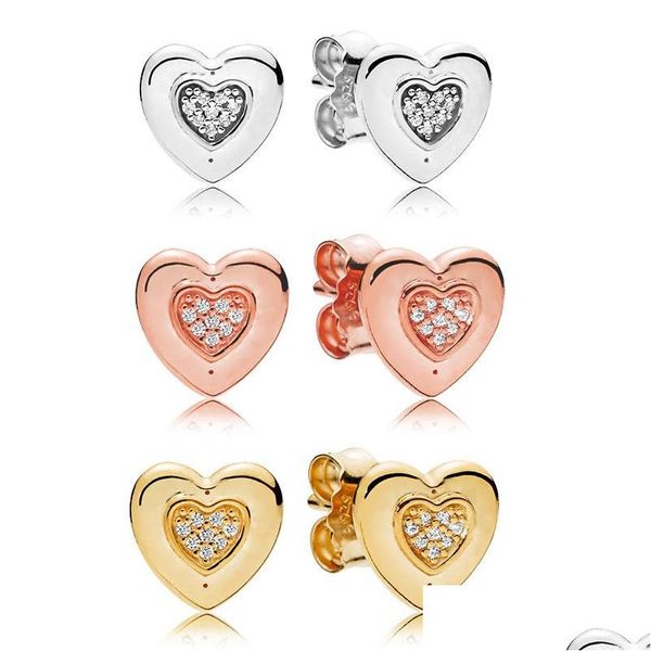 Ohrstecker, klassisches Design, 3 Farben, Herz-Ohrring, 18 Karat Gold, rosévergoldet, für Pandora 925 Sterling Silber, Signatur-Ohrringe, Drop-Lieferung, Jewe Dhic5